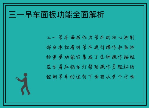 三一吊车面板功能全面解析