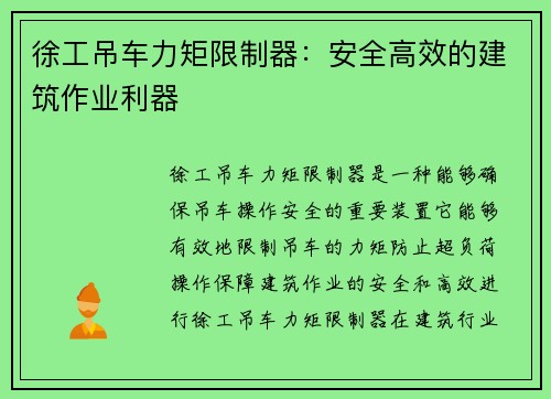 徐工吊车力矩限制器：安全高效的建筑作业利器