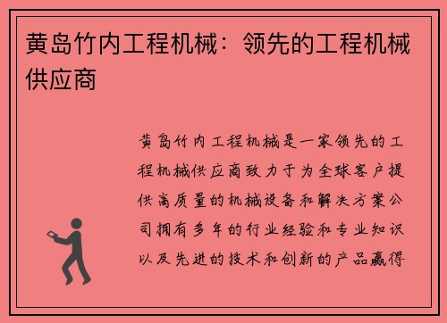 黄岛竹内工程机械：领先的工程机械供应商